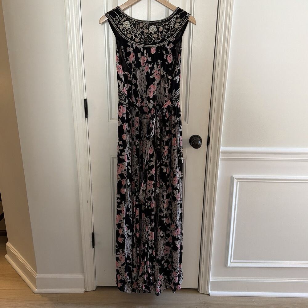 Monsoon Black Chiffon Silver Thread Peacock Floral Maxi Dress Boho Size 12 - Picture 5 of 13